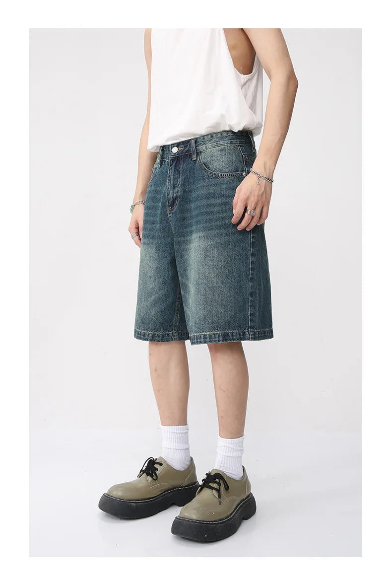 Men Summer Denim Shorts New Korean Loose Vintage Fashion Wash Casual Over Knee Capris Straight Leg Pants