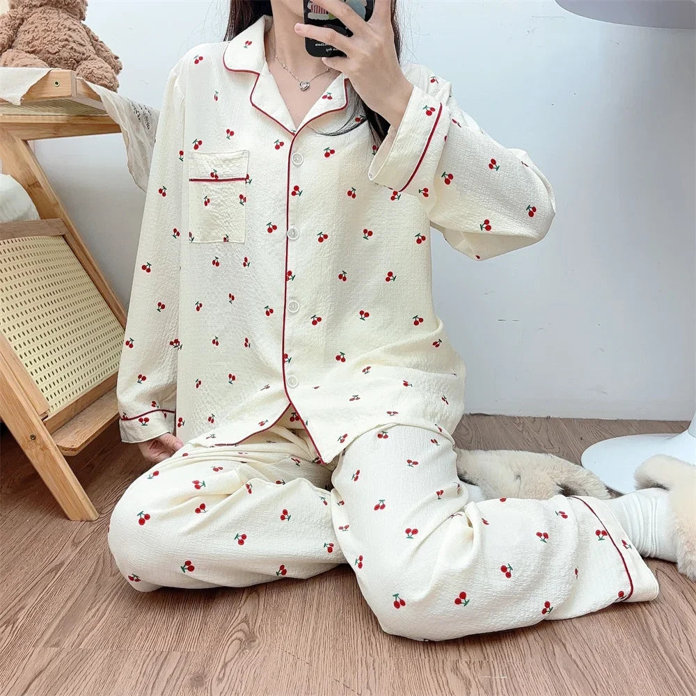 Korean Style Chic Women's Sleepwear Set Extra Soft Peach Lapel Long Sleeve Spring Autumn For Home Use Loose Sleepwear Set