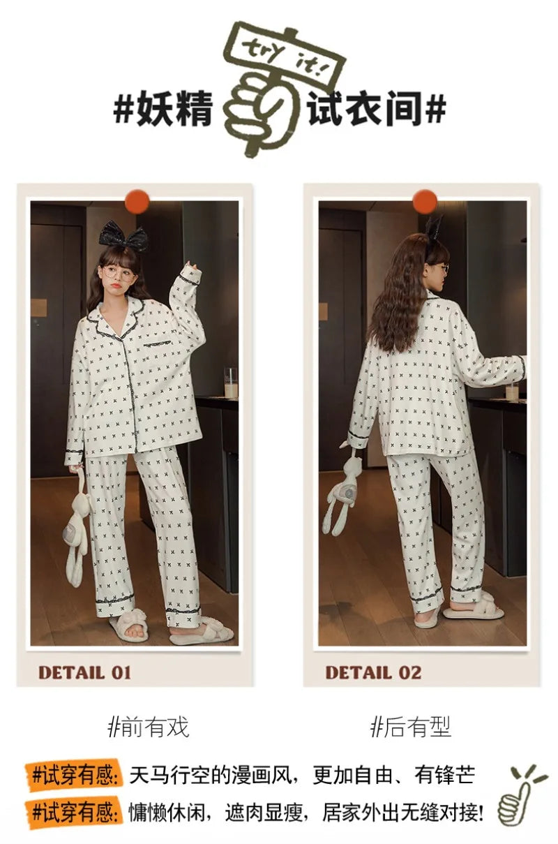 Women's Sweet Ruffle Pajamas Set Long Sleeve Top And Long Pants Sleepwear 2 Piece Set For Women Korean Casual Home Loose Pajamas