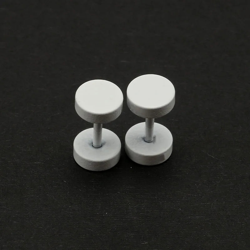 2PCS Fashion Men's Women's Ear Studs Earrings Fake Ear Plugs White 6mm 8mm 10mm Screw Round Barbell Jewelry Stainless Steel Punk