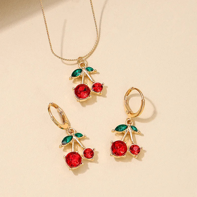 Summer Sweetness Cute Metal Delicacy Red Cherry Pendant Necklace Set for Women  Wedding Party Jewelry Sets Birthday Gift