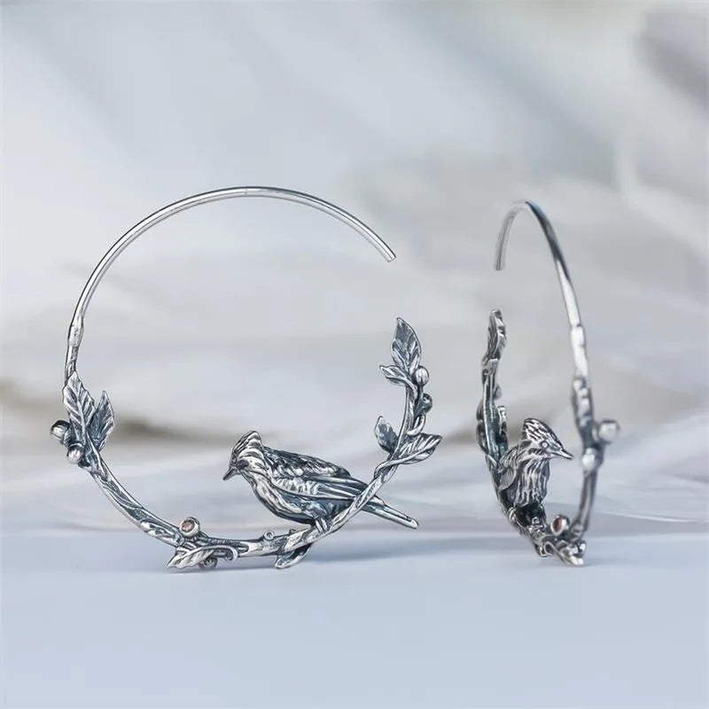 Antique Silver Color Hummingbirds Greetings Bird Ear Ring Earrings for Women Fashion Hoop Earrings Jewelry