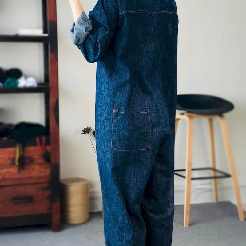 Oversized Denim Jumpsuit Suit Women Blue Denim Long Sleeve Playsuits High Waist New Fashion Tops Casual One Piece Outfit Women