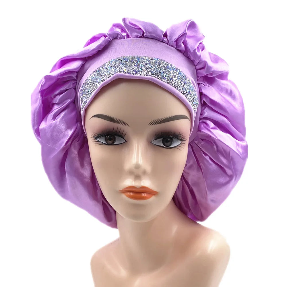 Glitter Rhinestone Wide Band Turban Women Hair Cover Satin Night Sleep Cap Bonnet Head Scarf Headwrap African Hat