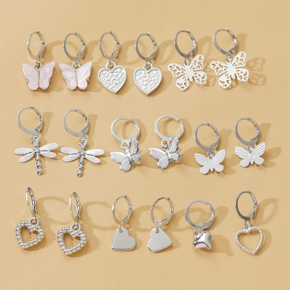 DONATTO 9 Pairs Earrings Set Butterfly Trendy Silver Color Animal Drop Girls Geometric Heart Metal Acrylic Earrings Jewelry