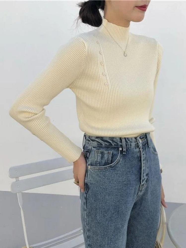 Women Knitted Sweater Long Sleeve Button Turtleneck Slim Pullovers for Autumn Winter Female Sweaters Soft Warm Bottoming Tops