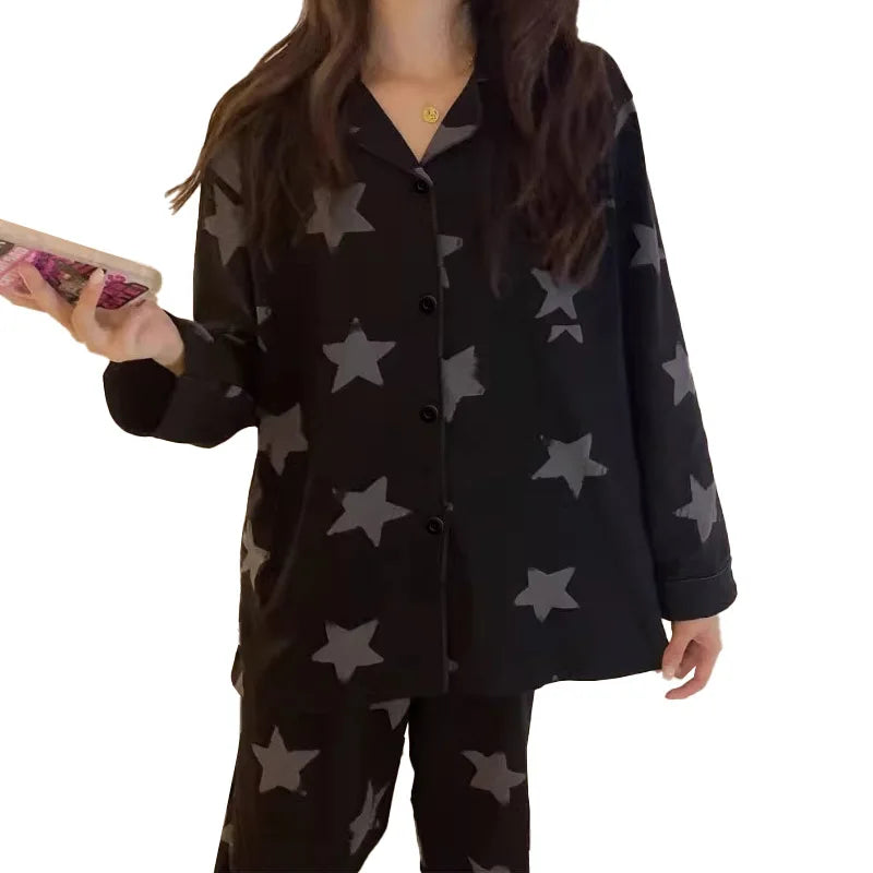 Star Full Print Pajamas for Women Spring and Summer New Long Sleeve Black High-end Home Wear Women's Pajamas Nightwear Sleepwear