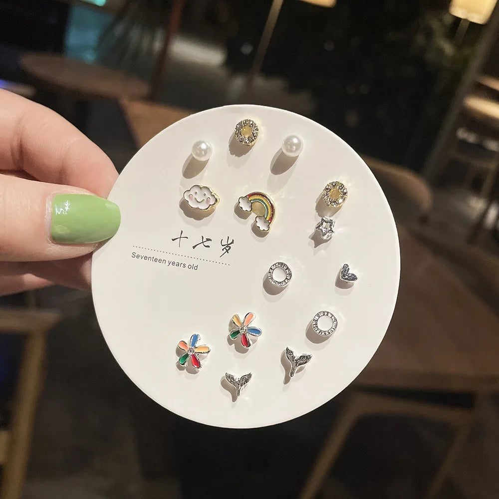 7 Pairs Little Stud Earrings Sets Fashion Jewelry 2024 Women Stud Earring Silver Color Girls Small Eardrop Fashion Lovely Gifts