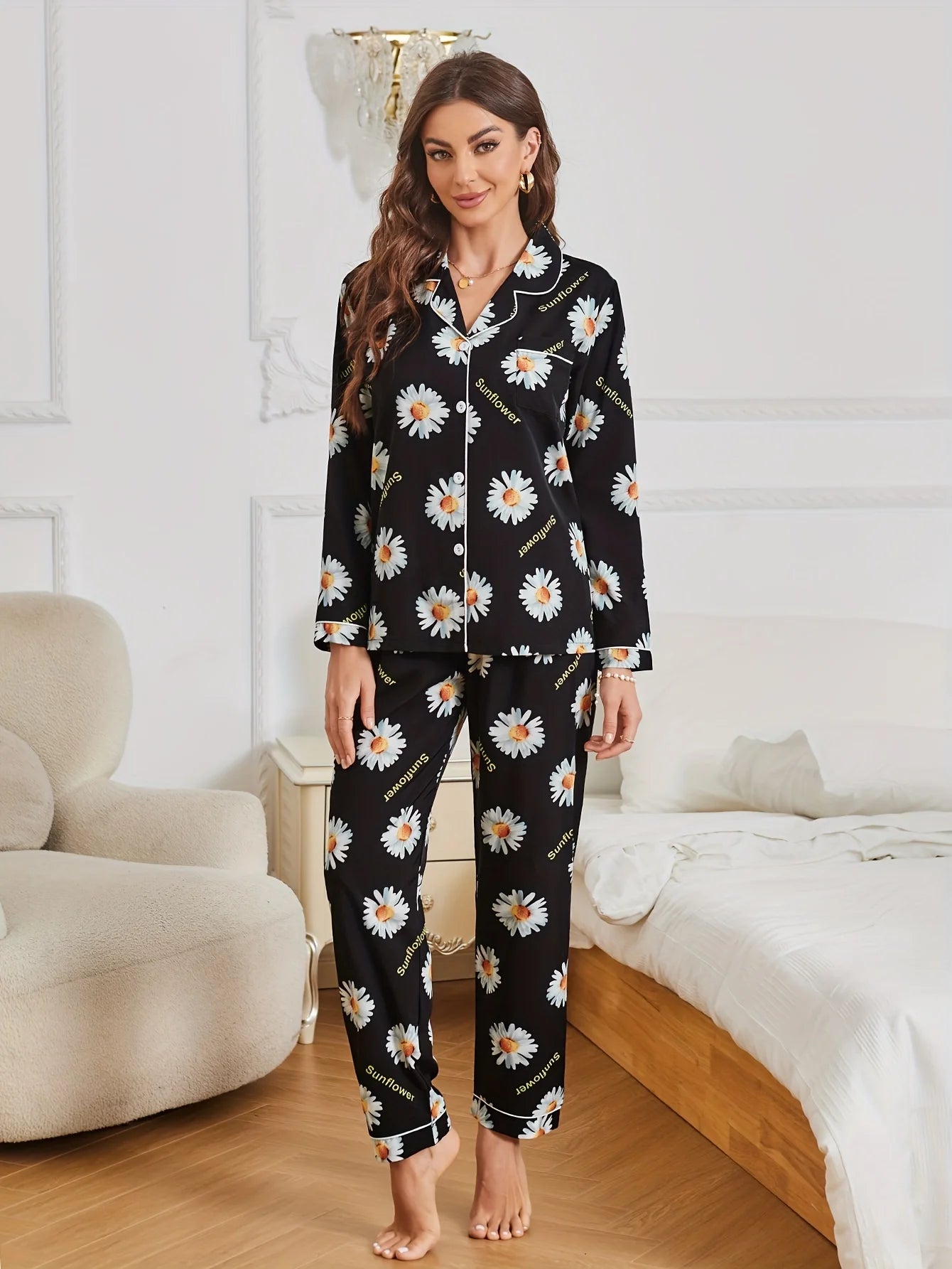 Daisy Print Pajama Set, Casual Long Sleeve Buttons Lapel Top & Elastic Pants, Women's Sleepwear