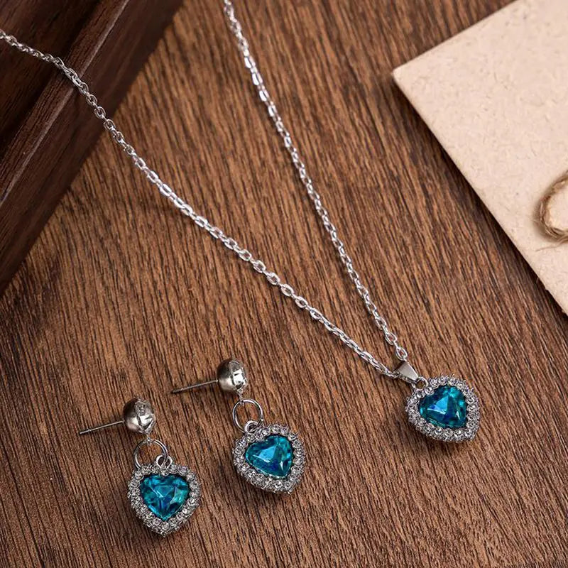 1 Set Crystal Heart Pendants Necklaces and Drop Earring for Women Wedding Bride Fashion Jewelry