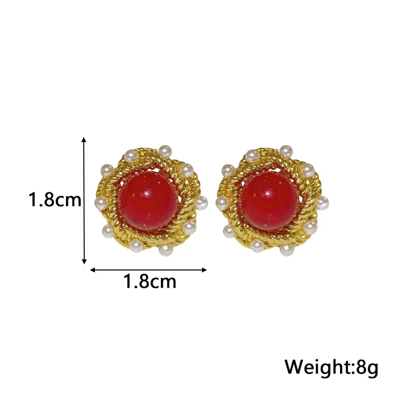 Red Acrylic Ball Stud Earrings for Women Twisted Metal Side Imitation Pearl Beads Girls Sweet Ear Decoration New Year Jewelry