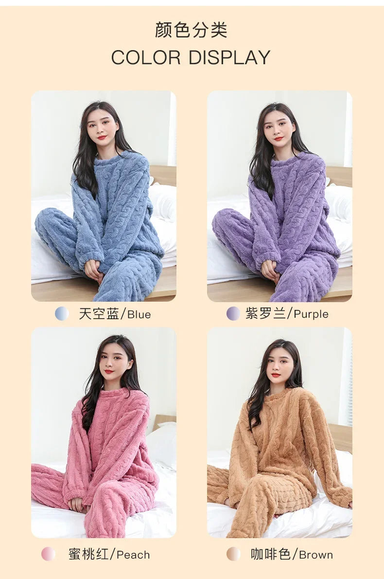 Women Fleece Pajamas Set 2024 Winter Sleepwear Solid Velvet 2 Piece Pant Home Suit Fluffy Casual Pajamas Warm O-neck Night Wear