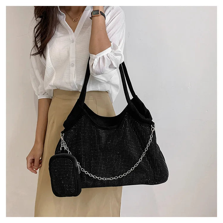 2023 New Shiny Rhinestone Women's Handbag Large Shopping Bag Fashion Dinner Bag Underarm Shoulder Bag Women's Party Commuter Bag