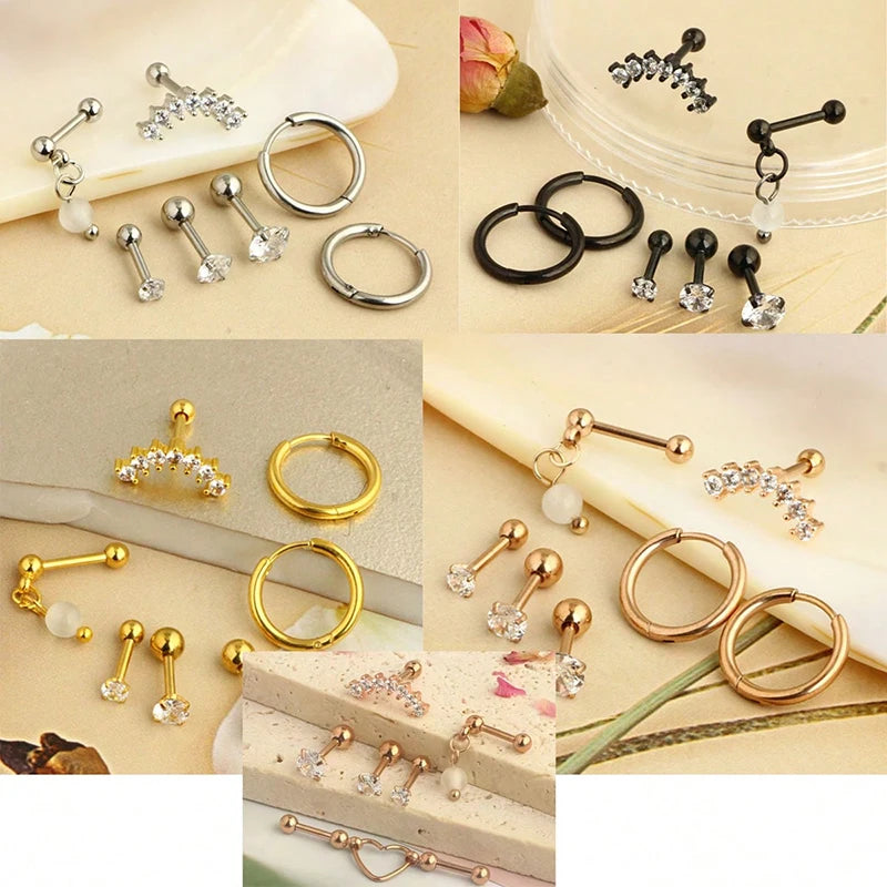 7PCS Tragus Stud Hoop Earring Set Heart Small Stud Set Lobe Piercing Cartilage Stud Helix Jewelry Cz Barbell Piercing Earrings