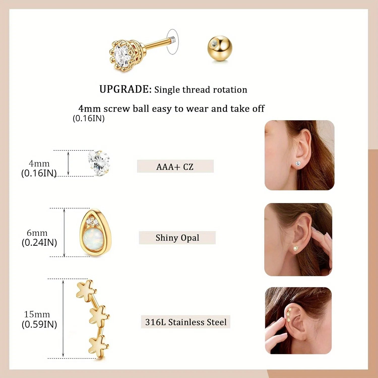 Drperfect Surgical Stainless Steel 16G Cartilage Earrings Studs Helix Couch Hoop Piercing Earrings Set Opal Shiny Earrings