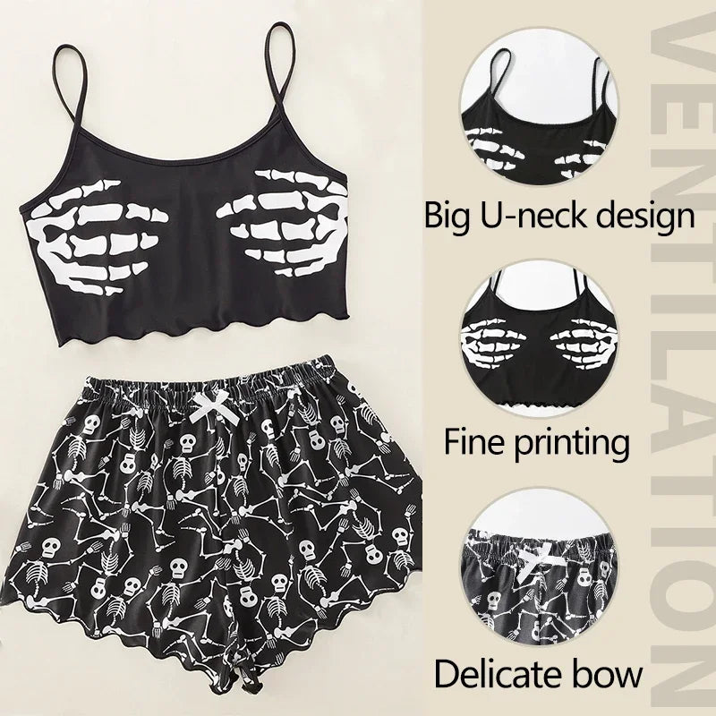 Women 2 PCS Pajama Set Sleepwear Short-Sleeved Tops and Shorts Suit Black Skull Print Ventilate Soft Comfort Loungewear