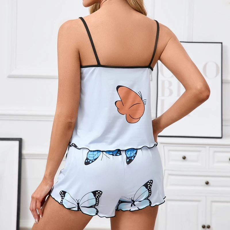 Women's Pajama Set Butterfly Print Sleepwear Summer Sleeveless Cami Tops & Shorts Pyjama Pjs Suit Soft  Home Clothes Loungewear