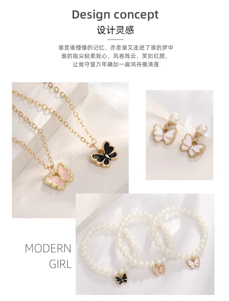 4pcs/Set Fashion Sweet Jewelry Set Butterfly Pendant Imitation Pearl Necklace Bracelet Earring Set for Girl Jewelry Accessories