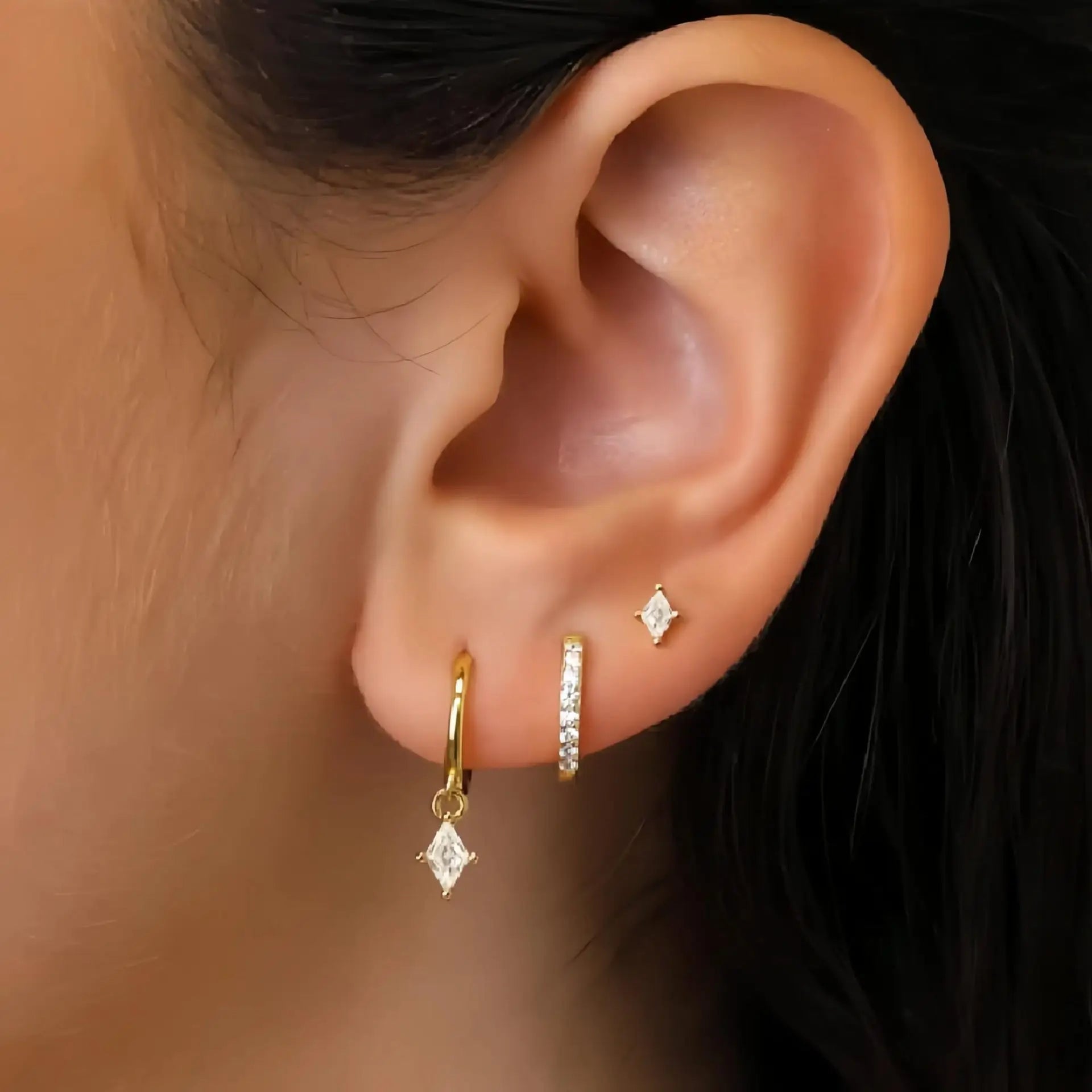 3PCS Unique Cubic Zircons Star Dangly Hoop Earrings Set for Women Tiny Stud Ear Cartilage Piercing 3 Holes Mismatched Jewelry