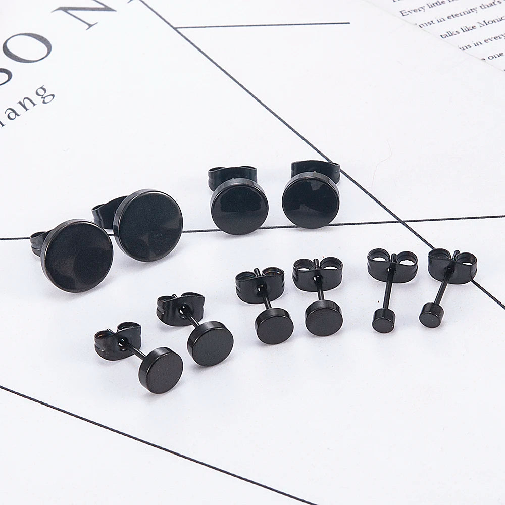 Fashion Women Men Black Round Stainless Steel Simple Ear Studs Earrings 5 Size Punk Earring Jewelry