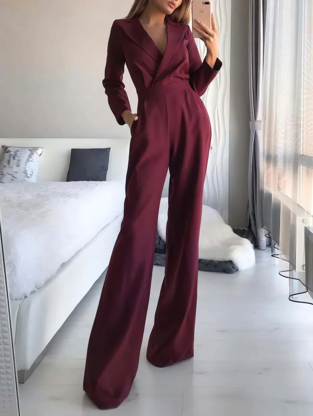 Spring Summer New Solid Color Suit Collar Women's Jumpsuit Fashion Pocket Slim Elegant Female Office Jumpsuit