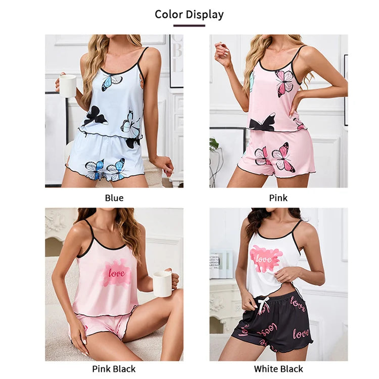 Women's Pajama Set Butterfly Print Sleepwear Summer Sleeveless Cami Tops & Shorts Pyjama Pjs Suit Soft  Home Clothes Loungewear