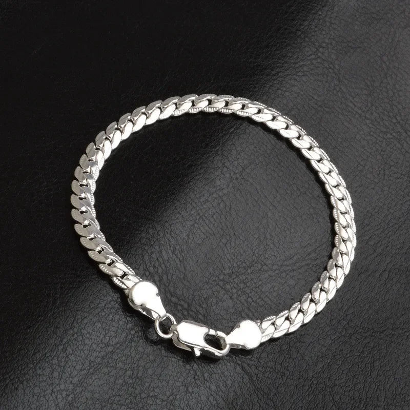 925 Sterling Silver Bracelet 6mm 18/20cm Flat Side Chain Lobster Clasp Bracelet for Woman Man Wedding Engagement Jewelry