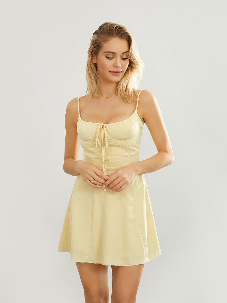 Women Summer Mini Cami Dress Spaghetti Strap Sleeveless Tie Up Short A Line Dress Sexy Backless Low Cut Party Club Dresses