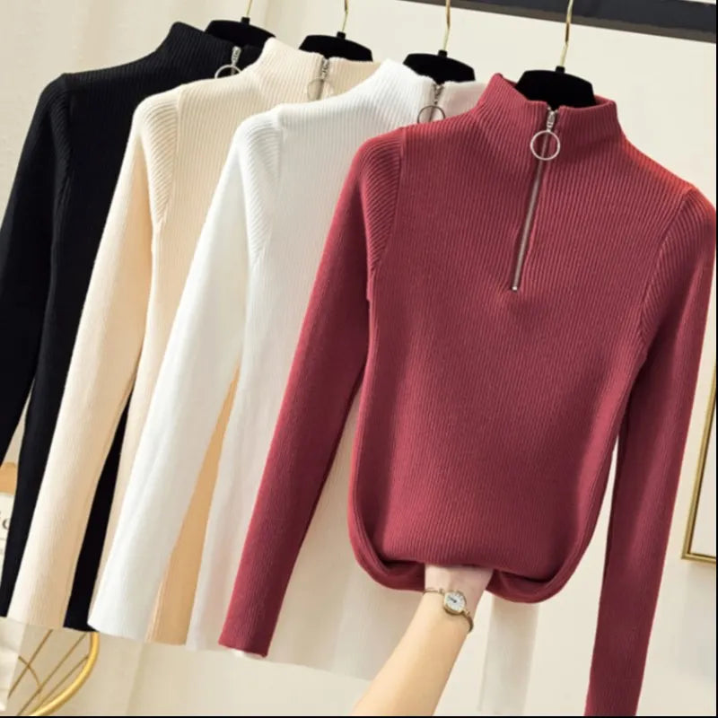 Knitted Women Zipper Half High Neck Sweater Pullovers Autumn Winter Basic Women Sweaters Slim Solid Knitwear Pull Femme Tops