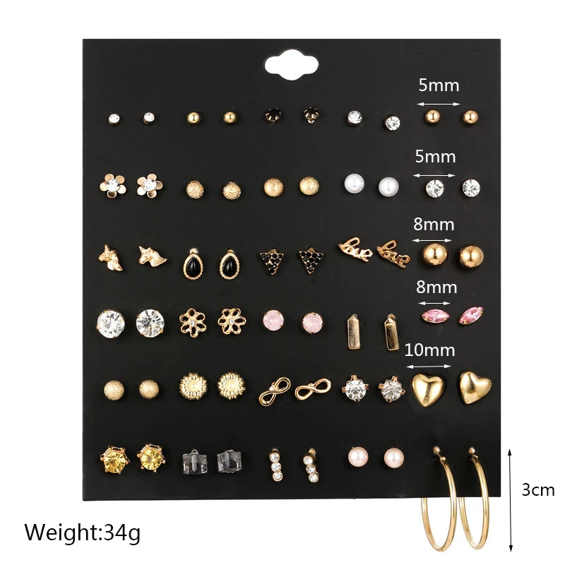 New Design 30Pairs/lot Mixed Crystal Small Stud Earrings Sets For Women Girl Heart Flowers Moon Ear Jewelry Accessories