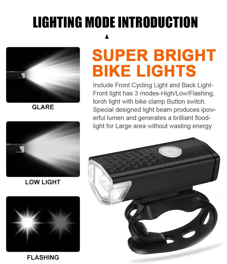 2218 Bike Light Set USB Rechargeable Front Light with Taillight Easy to Install 3 Modes Bicycle Accessories for the Bicycle