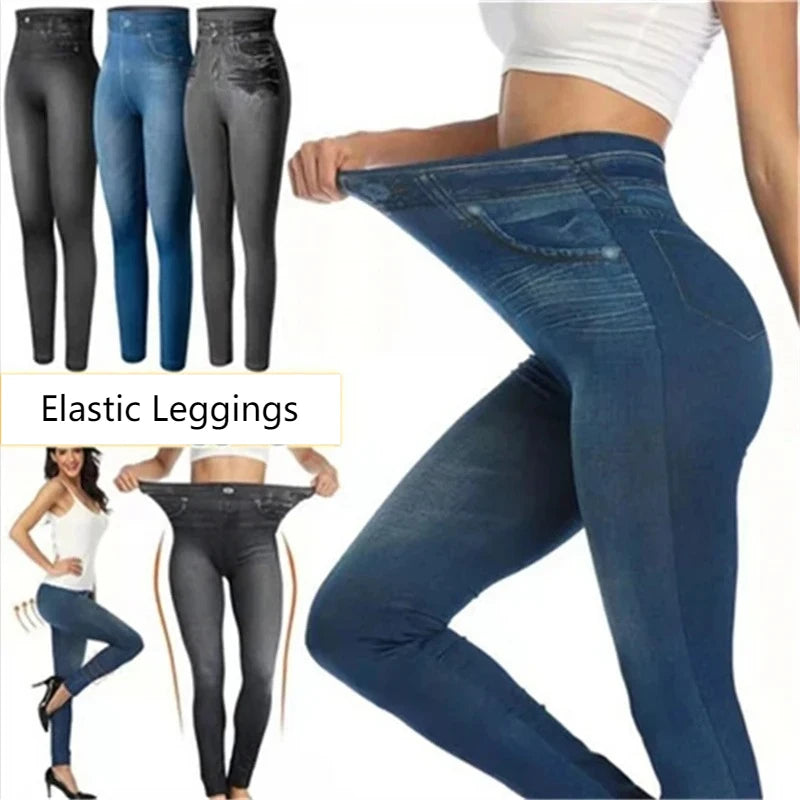 Elastic Leggings Imitation Denim Print Women Slim Fit Leggings Casual Pencil Pant Vintage Dye Middle Waist Female Clothes