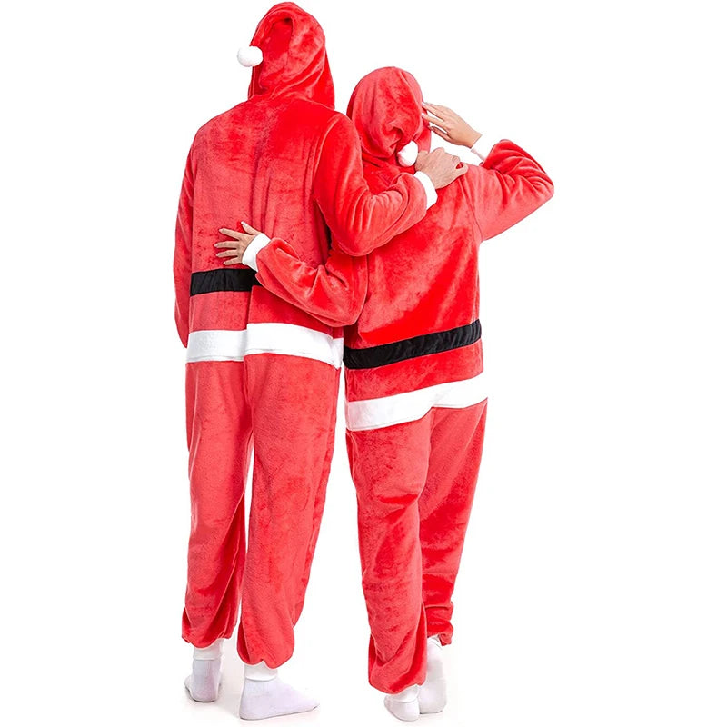 Women s Christmas Costume Mrs Claus Velvet Long Sleeve Hooded Belt Printed Zipper Full-Length Jumpsuit with Faux Fur Trim