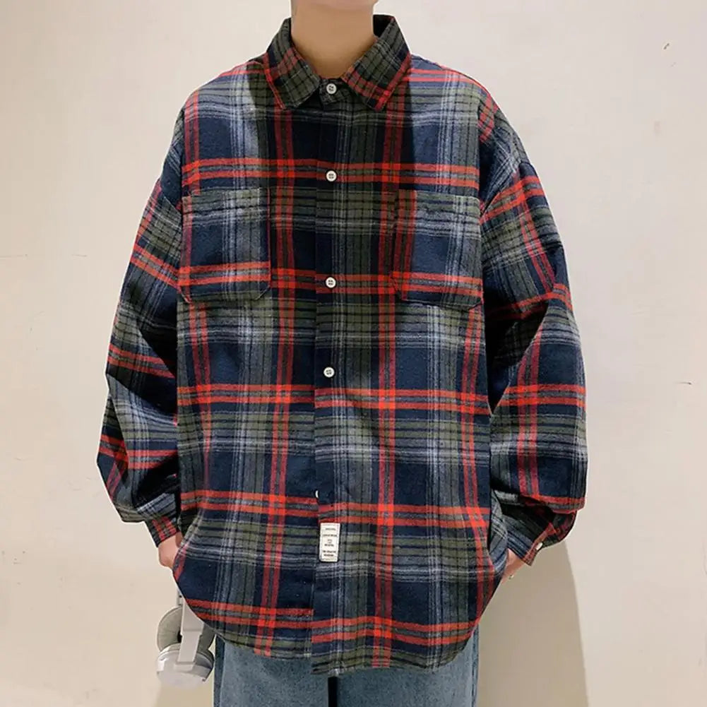 Men Plaid Shirt Check Shirts Men Plaid Long Sleeve Oversized Shirts Streetwear Cardigan Chest Pocket Loose Shirt Loose Plaid Top