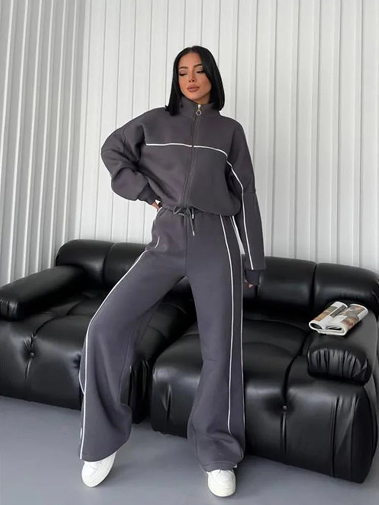 Casual Sports Suits Long Sleeved Half High Collar Cardigan Sweater Lace up Striped Pants Women Clothing Two Piece Set Tracksuit