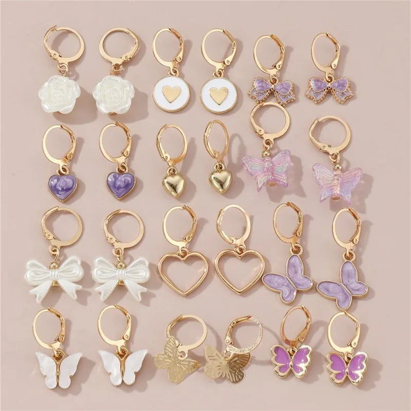 24pcs/set Butterfly Love Heart Hoop Earrings Sets for Women Exquisite Fashion Design Dangle Earrings Shared Jewelry Gifts