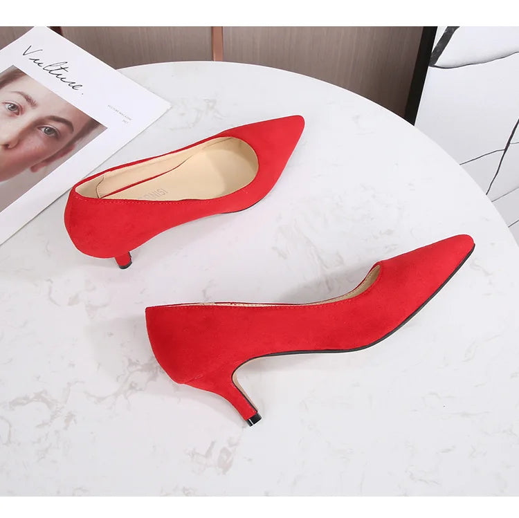 Low Heel Pumps Lady Pointed Toe Kitten Heels Female Green Flock Plus Size 43 44 45 46 Red Shoes 2023 Women 5cm High Heels