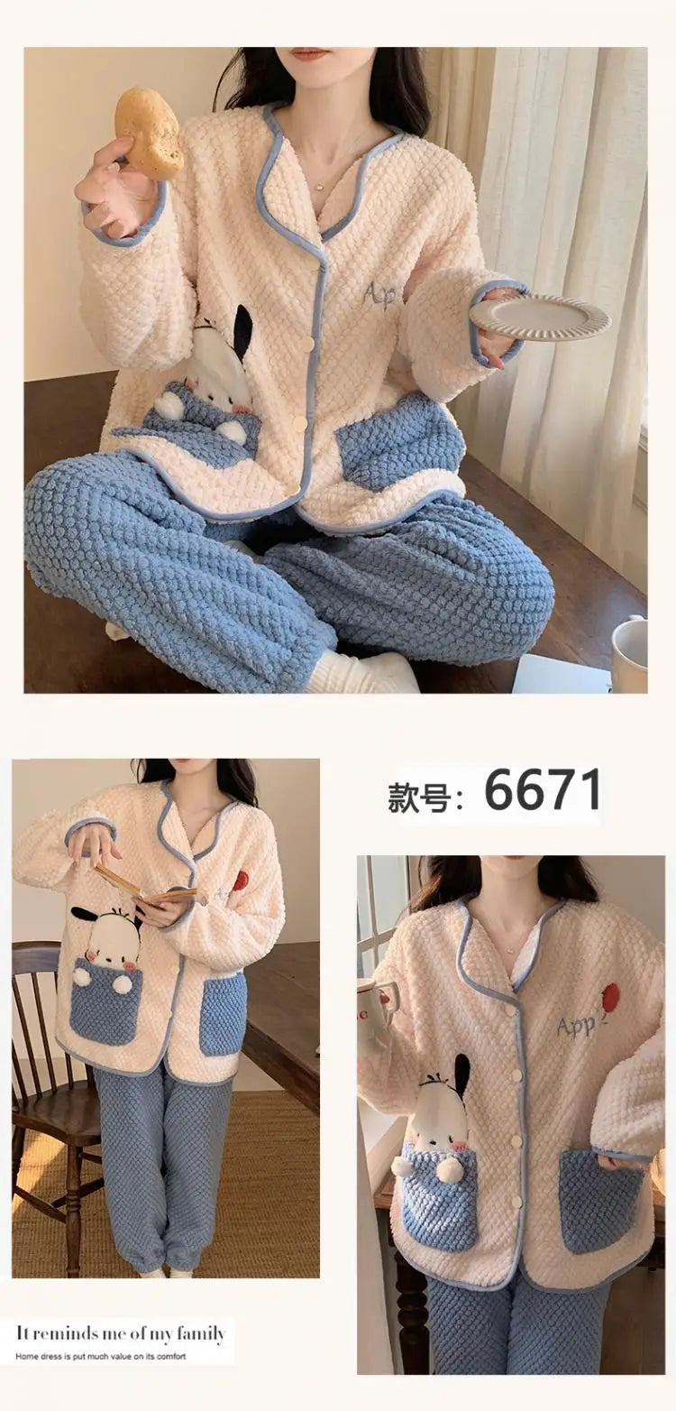 Anime Kuromi Pajamas Pants Suit Sanrioed Women Cute Kawaii Spring Winter Cardigan Plush Coral Fleece Cute Cartoon Warm Homewear