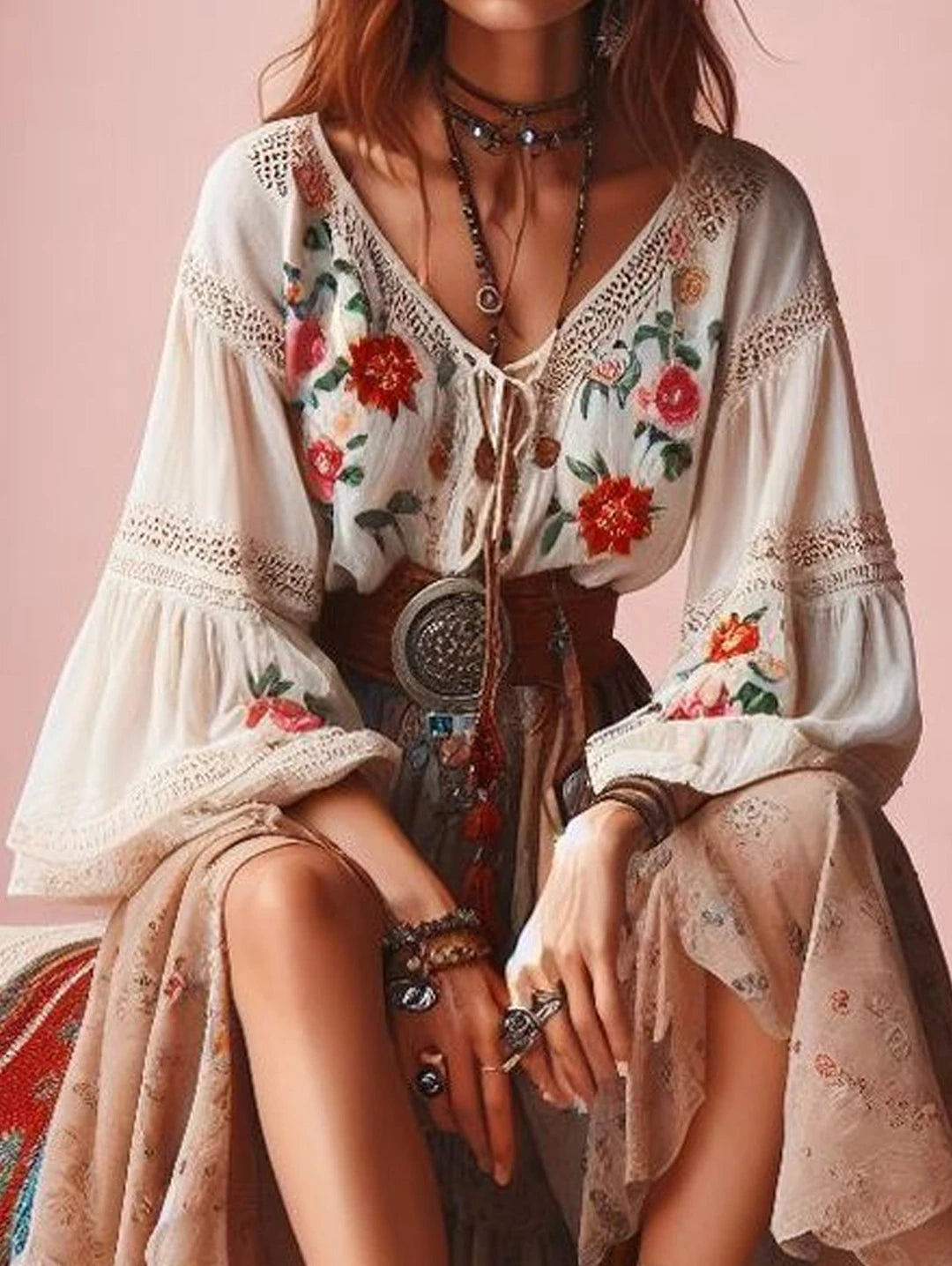 Lantern Sleeves Boho Blouse Floral Pattern V Neck Lace Patchwork Ethnic Style Women Tops Spring Summer Autumn Chic Blouses