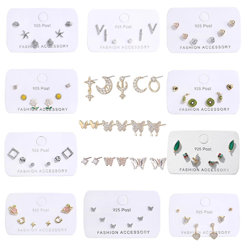 ENSHIR 6 Piece Set Mini Zircon Moon Star Love Heart Animal Studs Earrings For Women Piercing Earring Jewelry Wholesale