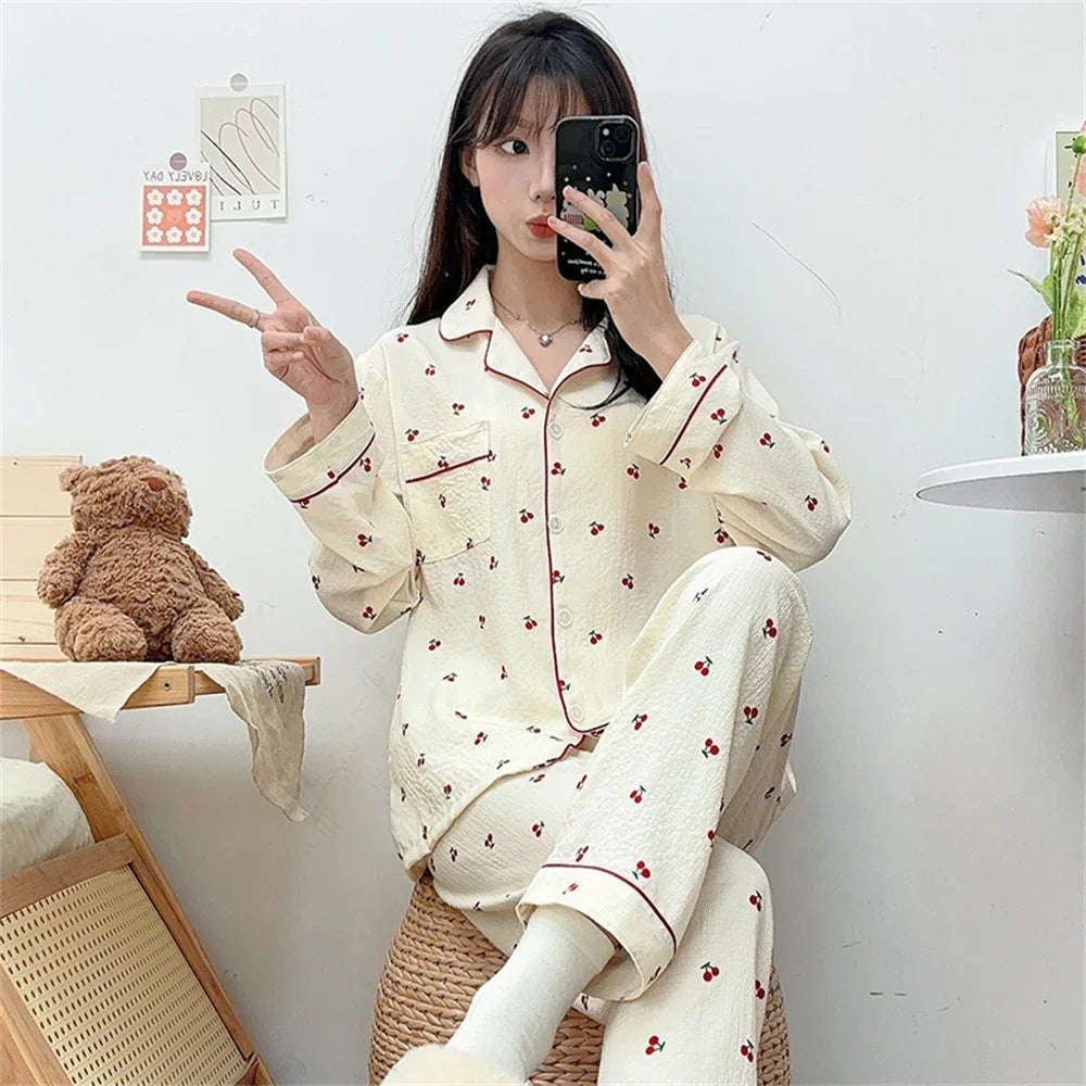 Korean Style Chic Women's Sleepwear Set Extra Soft Peach Lapel Long Sleeve Spring Autumn For Home Use Loose Sleepwear Set