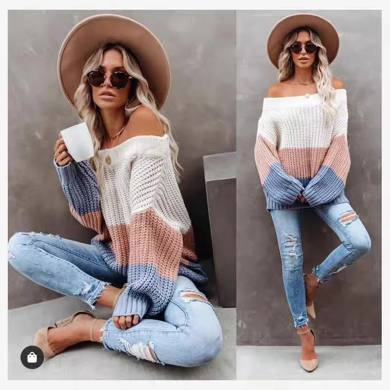 Autumn and Winter New One Necked Off Shoulder Patchwork Contrasting Loose and Versatile Knitted Pullover Sweater