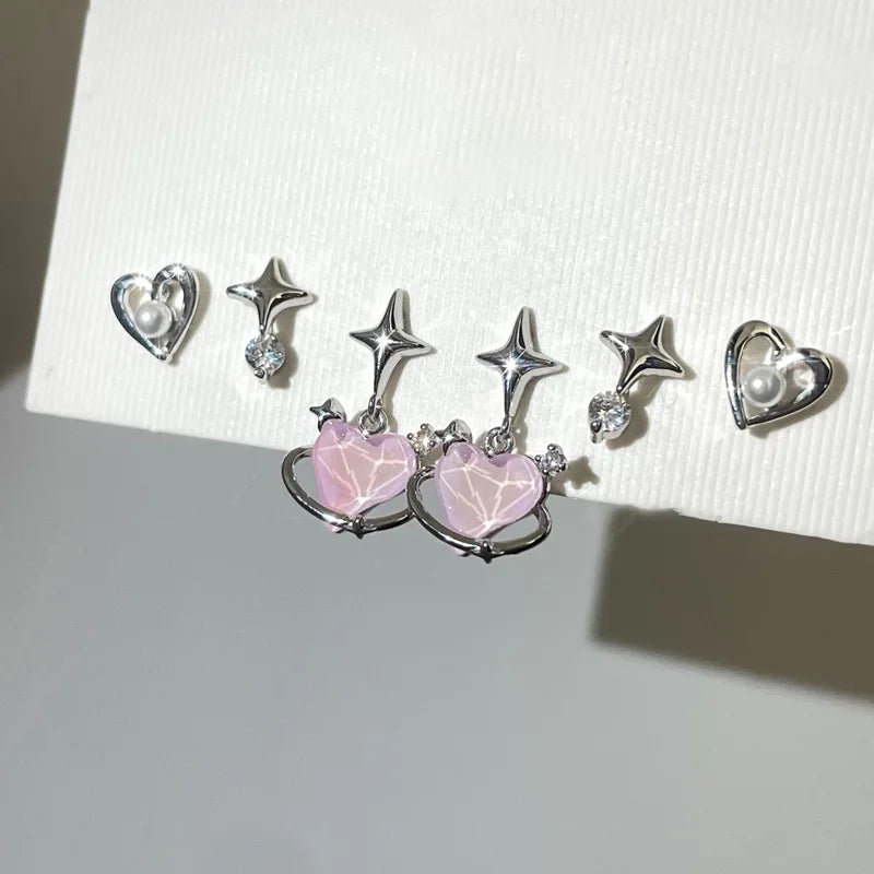 6pcs/set Women Silver Color Y2K Pink Crystal Heart Stud Earring Korean Trendy Punk Sweet Cool Bow Star Earring Aesthetic Jewelry