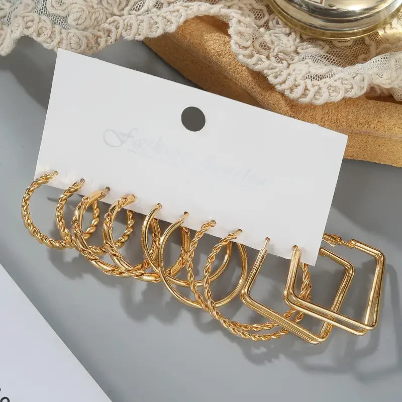 16 Pairs Set Of Hoop Earrings Twisted Love Heart Geometric Square Design Jewelry Elegant Simple Style Big Set Gift For Women New