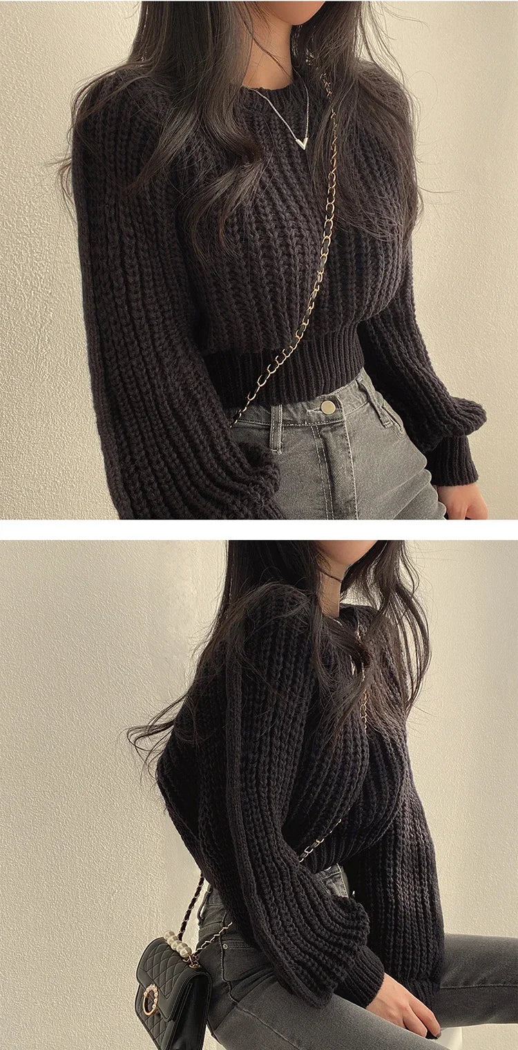 Knitted Sweater Pullovers New Design Cute Sweet Japan Girls Solid O Neck Short Crop Knit Tops 4 Colors 2024 Winter Autumn