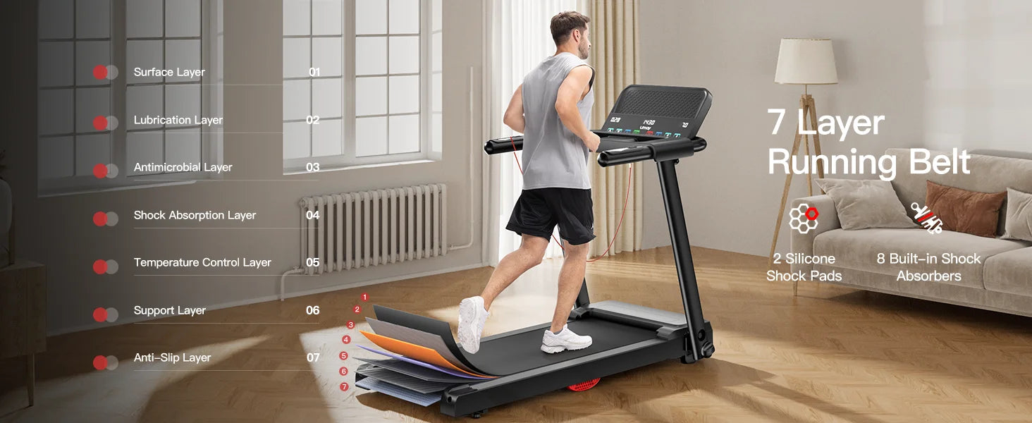 3.0HP Quiet Brushless Folding Treadmill with Heart Rate Sensor, Dual Cushion System, 300lbs Weight Capacity