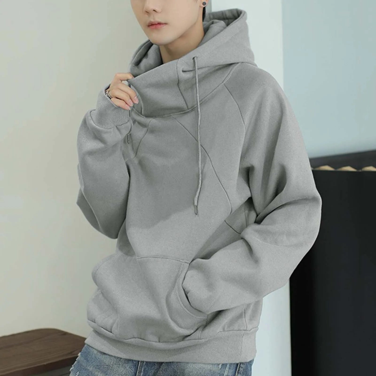 Mens Autumn And Winter Turtleneck Hoodie Men Hooded Pullover Tops Solid Color Japanese Hoodies Loose Sweatshirt Y2k Streetwear