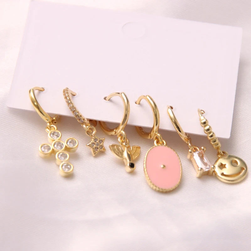 6 Pcs Fashion Exquisite Pearl Star Moon Enamel Zircon Dangle Ear Ring Set Korean Style Small Hoop Earring For Women Jewelry Gift