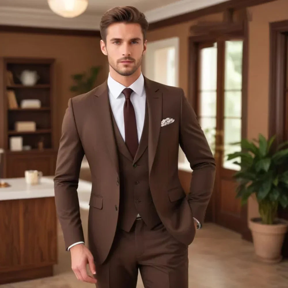 Dark Brown Suits for Men Fashion Single Breasted Solid Male Suit Fashion Business Casual Formal Wedding Party Tuxedo 3 Piece