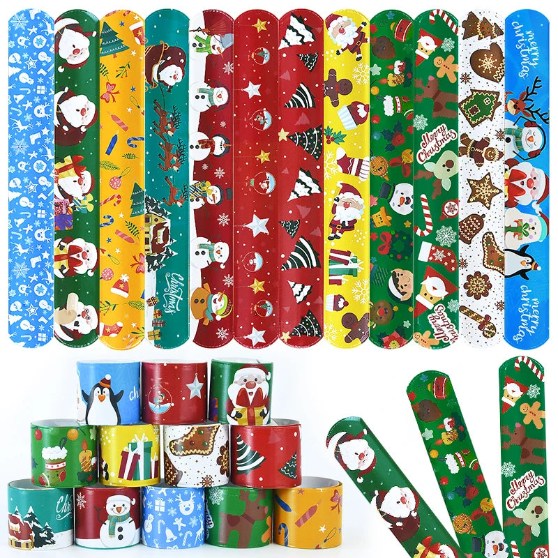 12Pcs Christmas Slap Bracelets Santa Claus Snowman Xmas Tree PVC Wristband Kids New Year Party Gifts For Guests 2025 Navidad